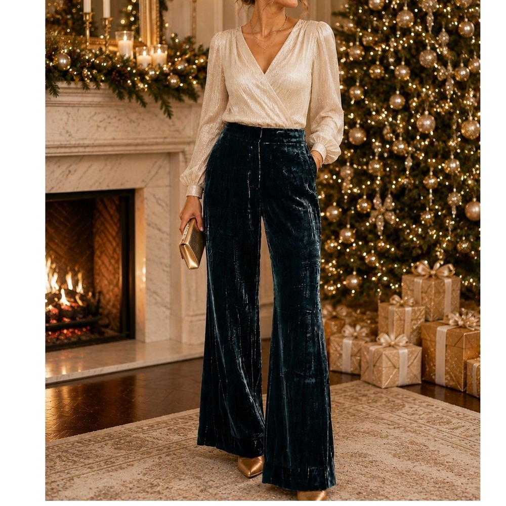 Lafayette 148 Trousers Womens 0 Teal Crushed Velvet Silk Blend Wide Leg Pants